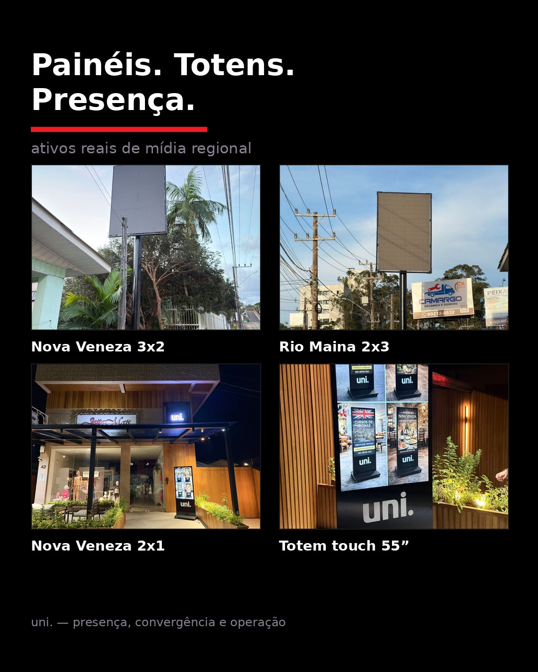 Composição com ativos reais da uni. em painéis, totens e presença